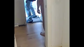 boy flashes his boner to the delivery guy and invits him beside - part 1